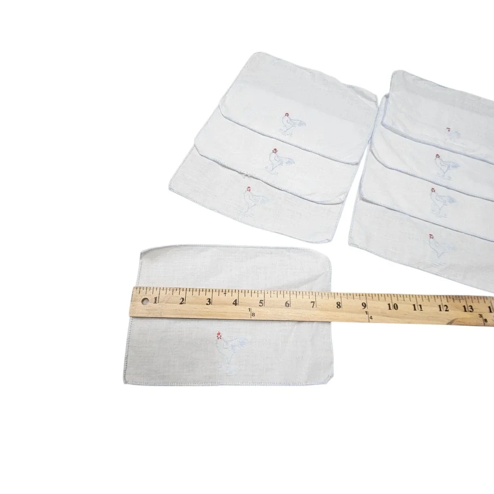 Vintage Country Set of 8 Embroidered Linen Cocktail Napkins‎ White Blue Chicken